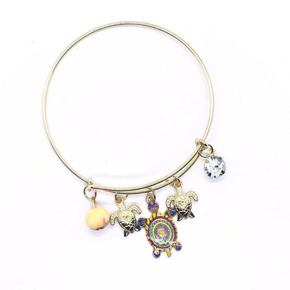 Beaded Sea Turtle Charm Colorful Bangle Bracelet - Picture 1 of 6